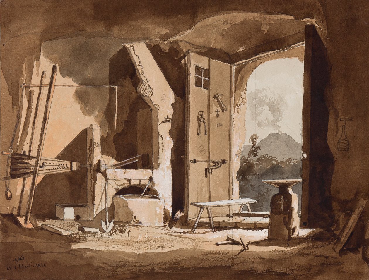 Takon sisusta, lisäyksiä prinssi Gaetano Maria Federico di Borbone (1846-1871), 1854 (lyijykynä ja seepiapesu paperille) tekijältä Achille Vianelli