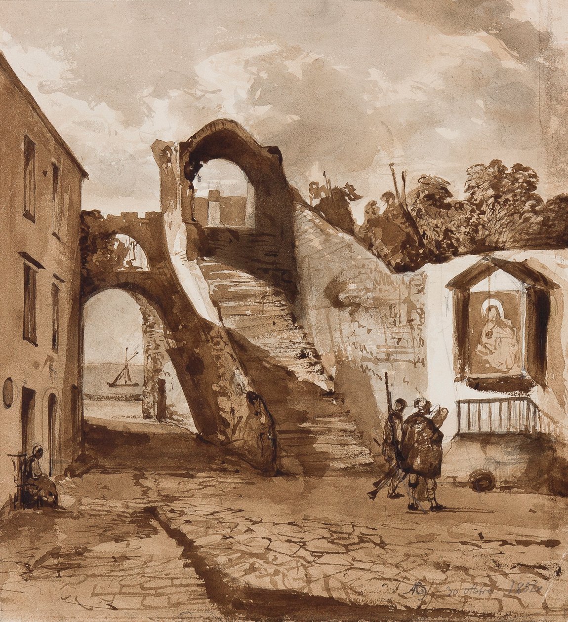 Pyhäkkö napolilaisen kylän muureissa, lisäyksiä prinssi Alfonso Maria di Borbone (1841-1934), 30. lokakuuta 1854 (kynä ja seepiapesu paperilla) tekijältä Achille Vianelli