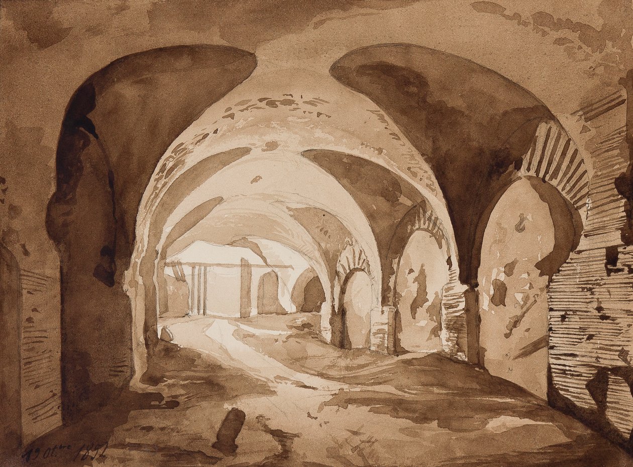 Pozzuolin amfiteatteriin johtava ambulatorio prinssi Alfonso Maria di Borbonen (1841-1934) lisäyksellä, 19. lokakuuta 1852 (kynä ja seepiapesu paperilla) tekijältä Achille Vianelli