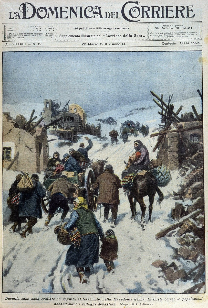 2000 taloa romahti maanjäristyksen jälkeen Serbian Makedoniassa: väestön surullinen pako poistumassa tuhoutuneista kylistä - dess. de A. Beltrame teoksessa "" la Domenica del Corriere"" 22.3.1931 tekijältä Achille Beltrame