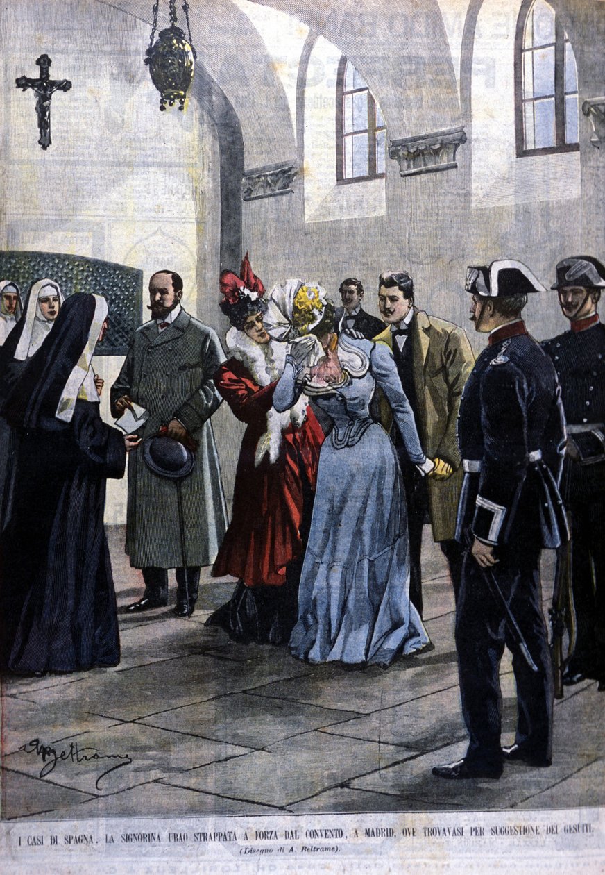 Madridissa nuori nainen, Mademoiselle Ubao, revitään nunnan elämästä luostarissa, jossa hän oli jesuiitojen ehdotuksesta. Beltramen kuvitus. Domenica del corriere. 1901. tekijältä Achille Beltrame