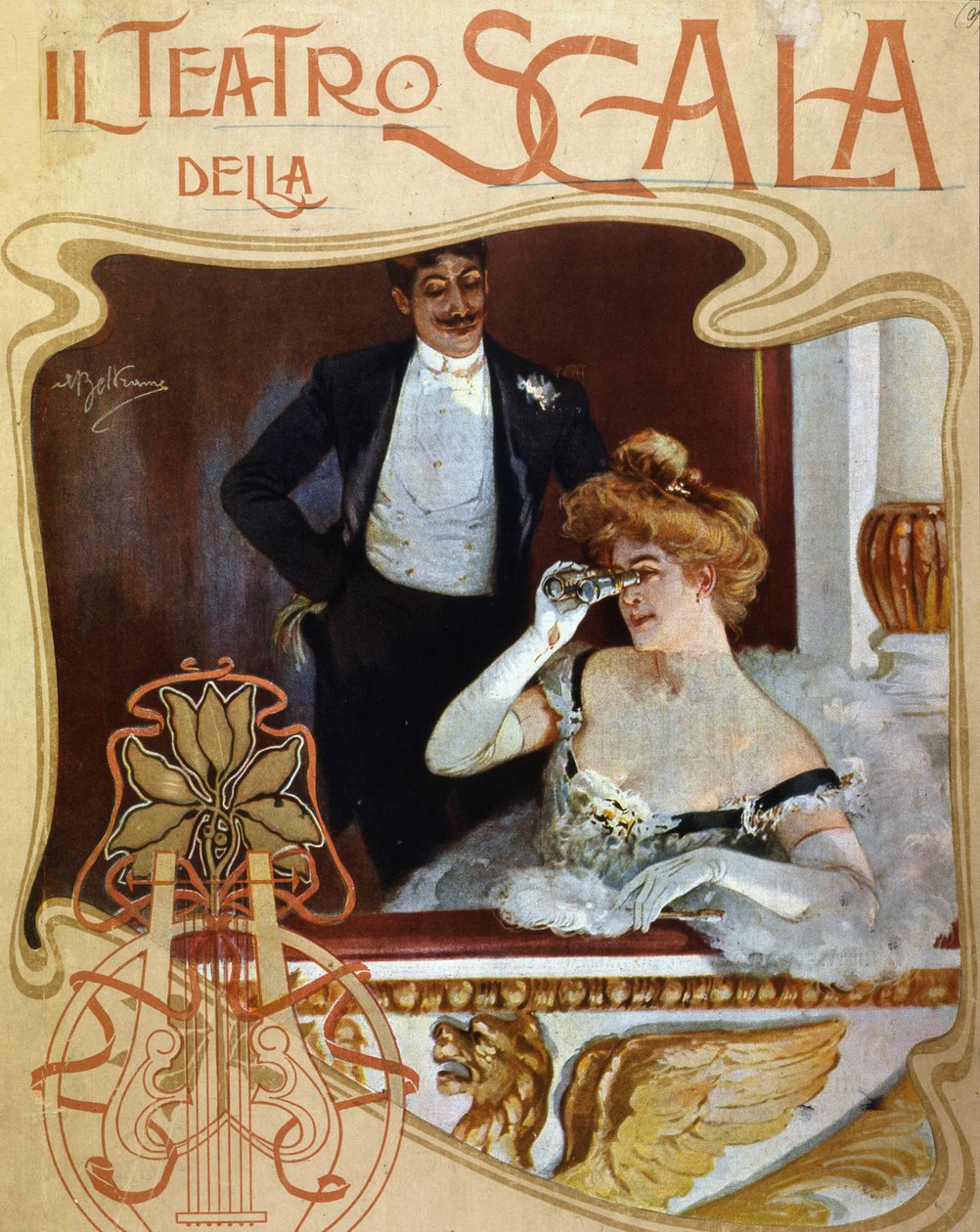 Pari paikkaa Teatro alla Scalan pukuhuoneessa. Nuori nainen tarkkailee kohtausta kiikareilla. Kuvitus Achille Beltrame. tekijältä Achille Beltrame