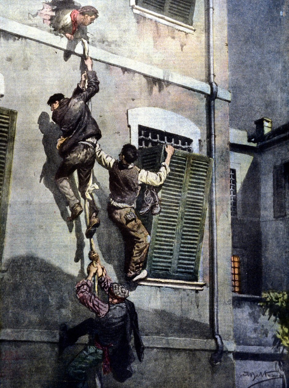 Neljän vangin rohkea pako Astin vankilasta murtautuessaan muurin läpi. Piirustus Beltrame. La Domenica del Corriere. 1902 tekijältä Achille Beltrame