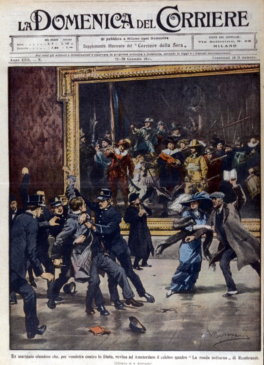 Entinen hollantilainen merimies yritti ryöstää Rembrandt van Rijnin (1606-1669) kuuluisan maalauksen "The Night Round". Kansi "" La Domenica del corriere"", ill. de Beltrame, 01/1911. tekijältä Achille Beltrame