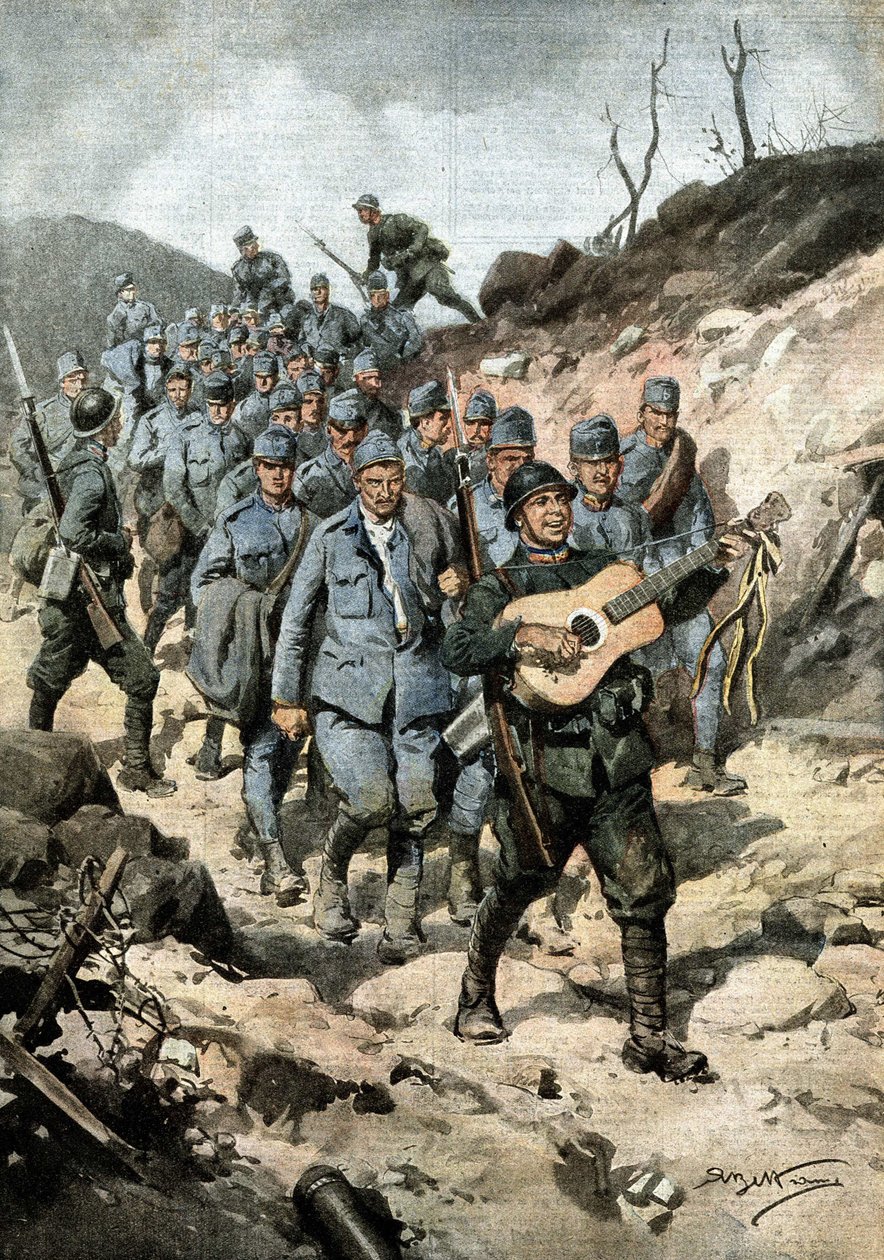 Onnellinen sankari. Vangittuaan neljäkymmentä itävaltalaista ja kitaran luolassa, sotamies Buoncompagni marssi laulavan vankiryhmän kärjessä. Ill. de Beltrame. La Domenica del Corriere. 10/1917 tekijältä Achille Beltrame