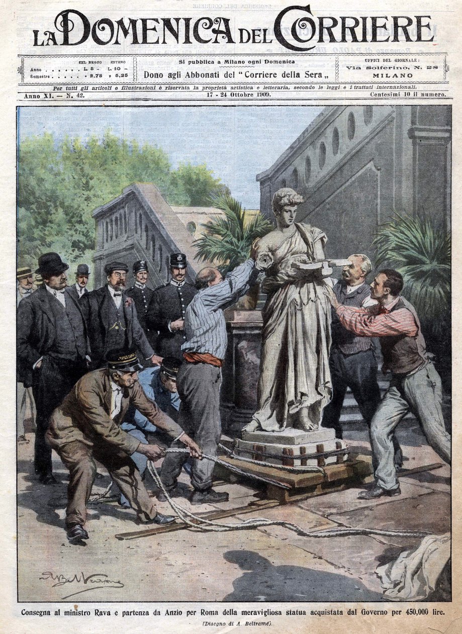 Valtion 450 tuhannella liiralla ostama patsas tuodaan Roomaan ja toimitetaan ministeri Ravalle. Ill. de Beltrame. La Domenica del Corriere. 10/1909. tekijältä Achille Beltrame