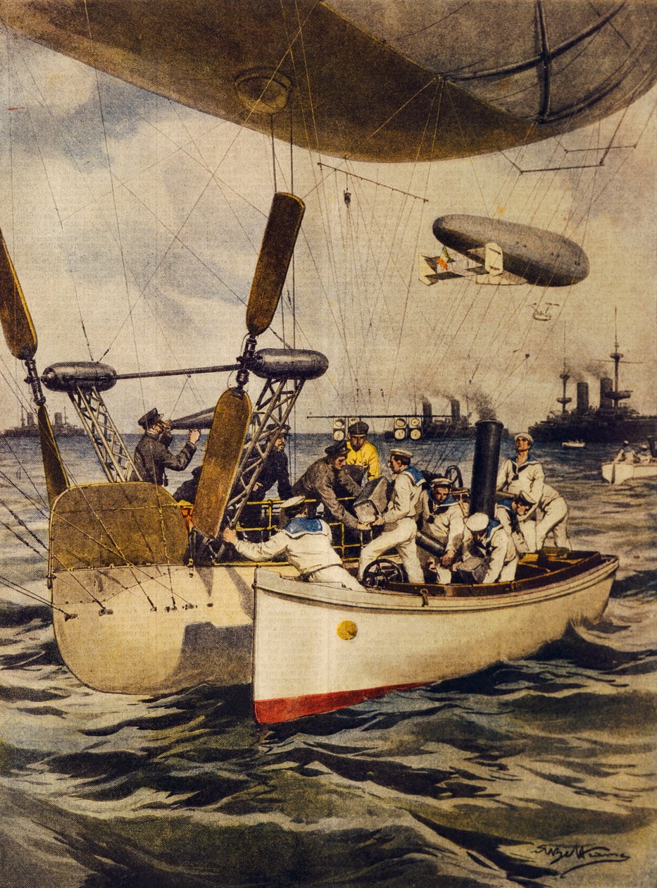 Taistelulaivoja varustavat ilmalaivat matkan aikana, Achille Beltrame, kuvitus, Kuvittaja Achille Beltrame (1871-1945), La Domenica del Corriere, 5. toukokuuta 1910. tekijältä Achille Beltrame