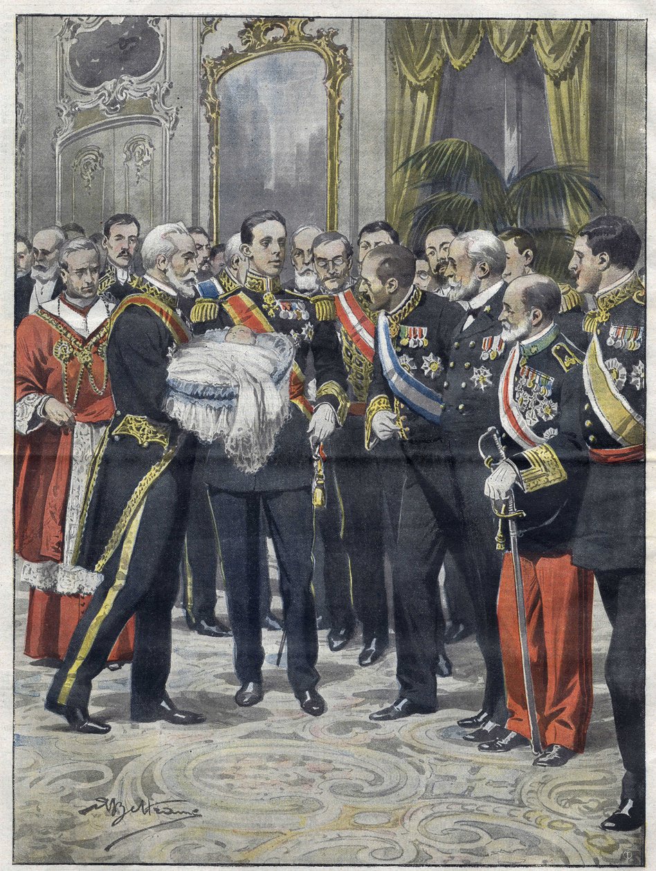 Alfonso XIII (1886-1941), Espanjan kuningas poikansa Alfonso (1907-1938), Covadongan kreivi, Asturian prinssi, esittelytilaisuudessa. Piirustus Achille Beltrame. vuodesta 1907. tekijältä Achille Beltrame