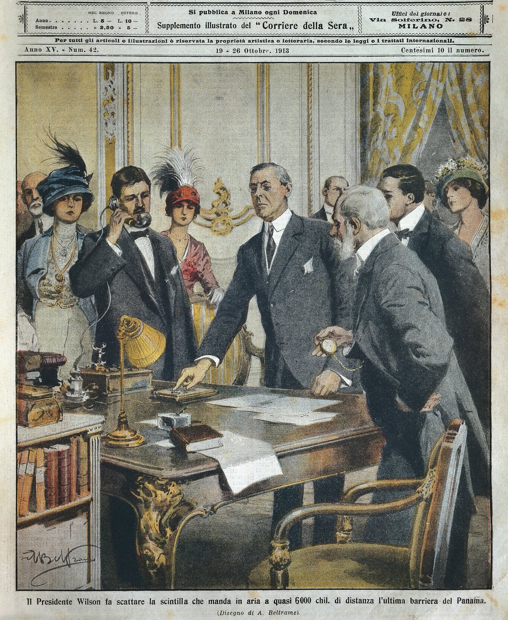 Yhdysvaltain presidentti Woodrow Wilson aloitti räjähdyksen lennätysviestillä, joka tuhosi viimeisen Panaman kanavan esteen 6000 kilometrin päässä Achille Beltramen (1871-1945) La Domenica del Corrieresta. tekijältä Achille Beltrame