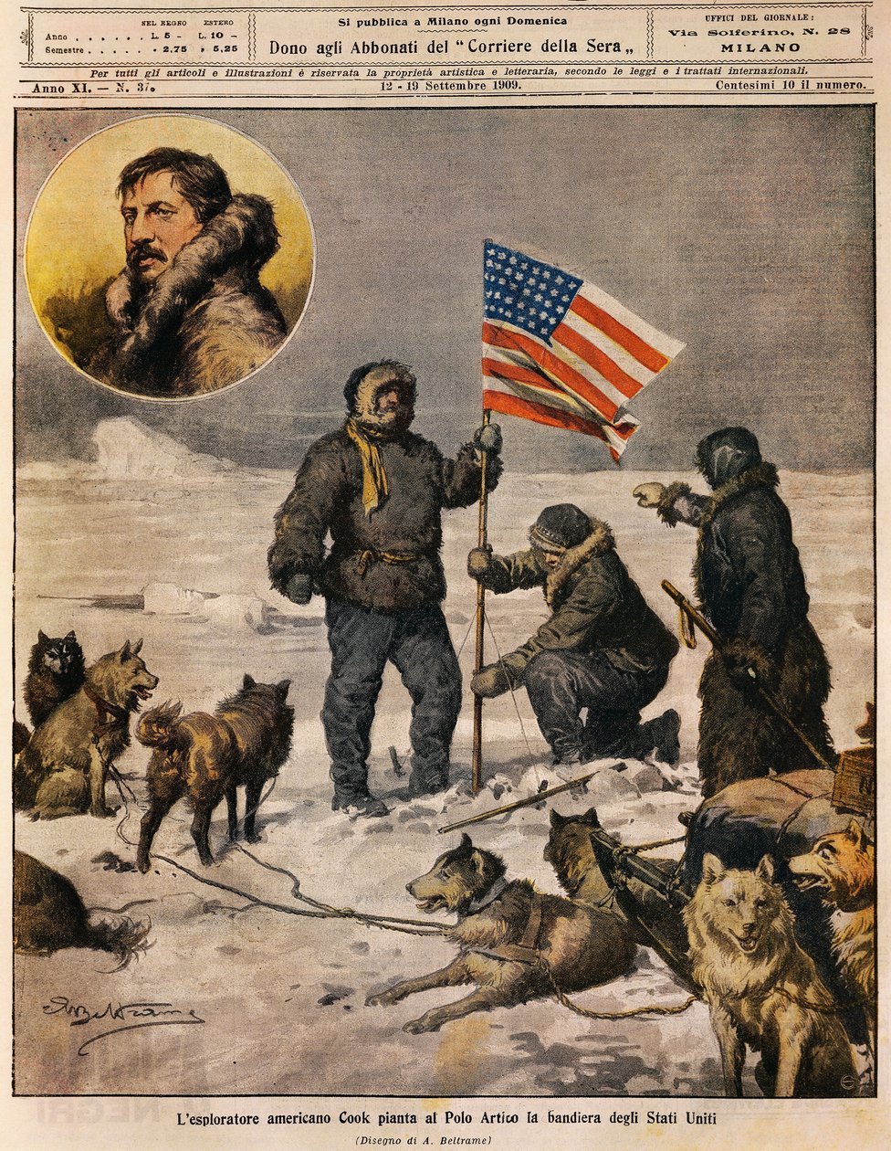 Amerikkalainen tutkimusmatkailija Cook istuttaa Yhdysvaltain lipun Pohjoisnavalle, Achille Beltramen (1871-1945) kuvitus, La Domenica del Corriere, 12. syyskuuta. tekijältä Achille Beltrame