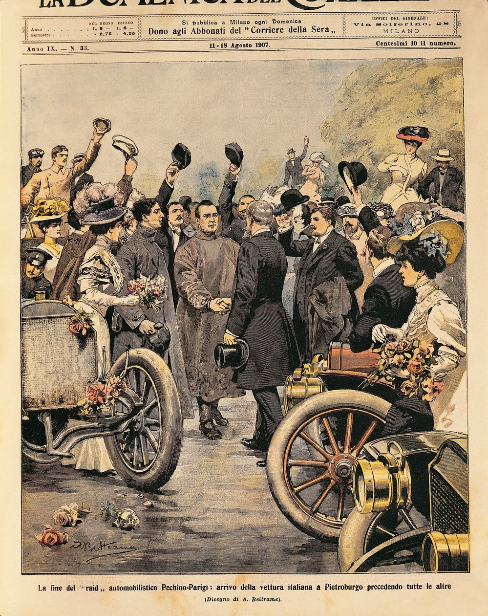 Italialaisen voittoauton (Itala 35/45 hv, Scipione Borghese ja Ettore Guizzardi) saapuminen Pietariin, Pariisi-Peking -moottorikilpailun loppu, kuvitus Achille Beltrame La Domenica del Corrieresta, 11.-18.8. tekijältä Achille Beltrame