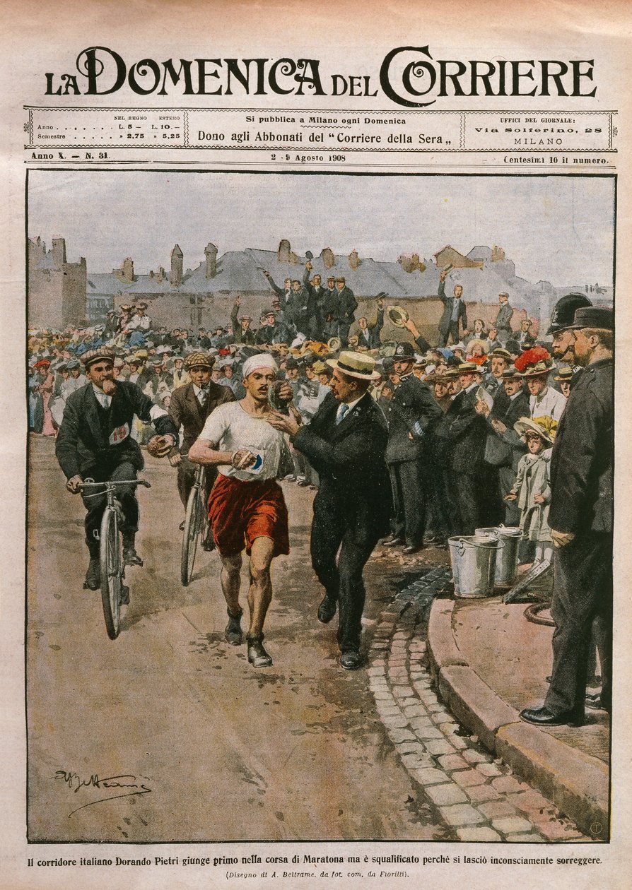 Dorando Pietrin (1885-1942) saapuminen maratonille, Lontoon olympialaiset, kuvitus Achille Beltrame La Domenica del Corrieresta, 2.-9. elokuuta tekijältä Achille Beltrame