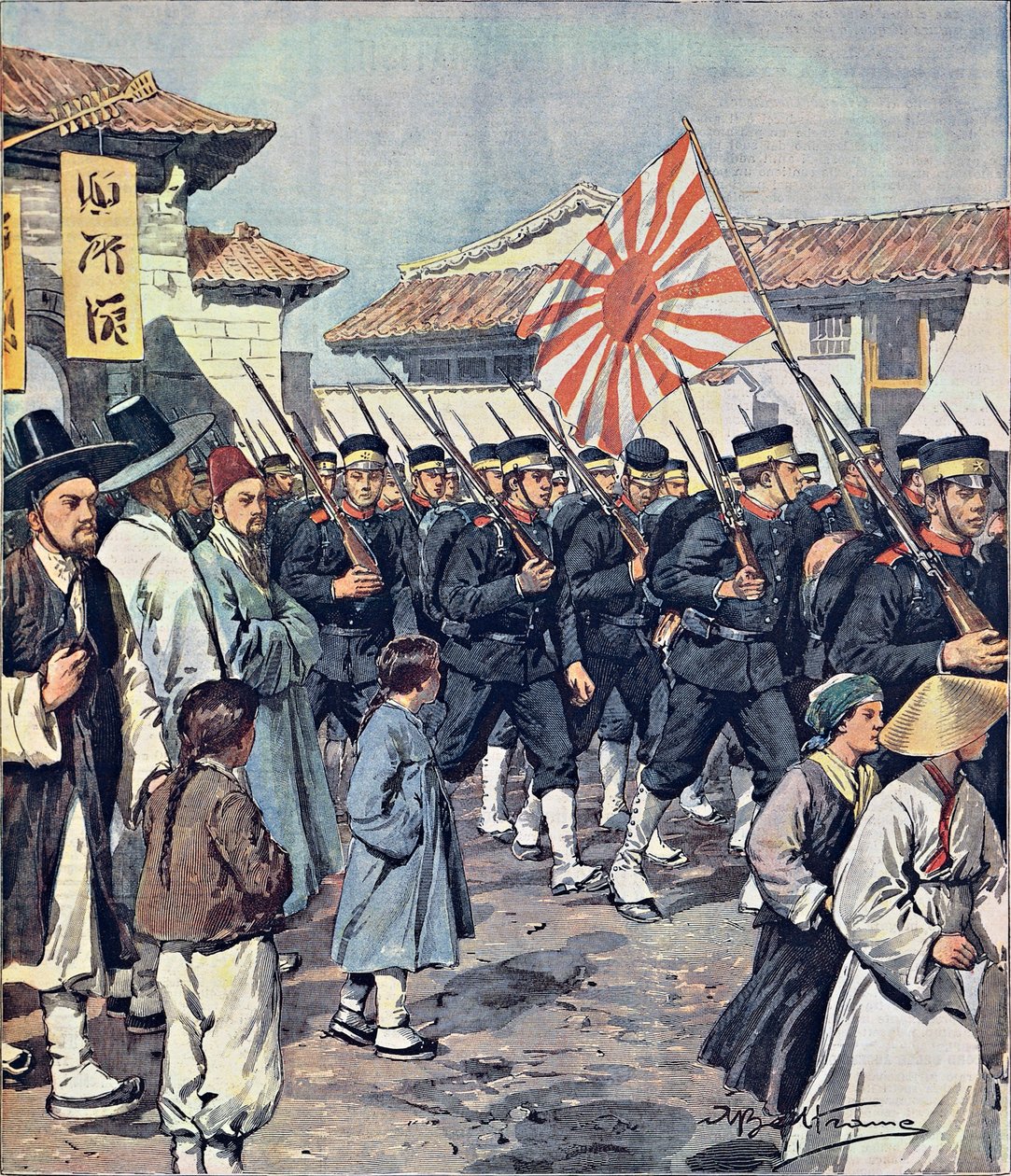Japanilaisten joukkojen saapuminen Koreaan, Achille Beltrame (1871-1945), kuva La Domenica del Corrieresta, 21. helmikuuta tekijältä Achille Beltrame