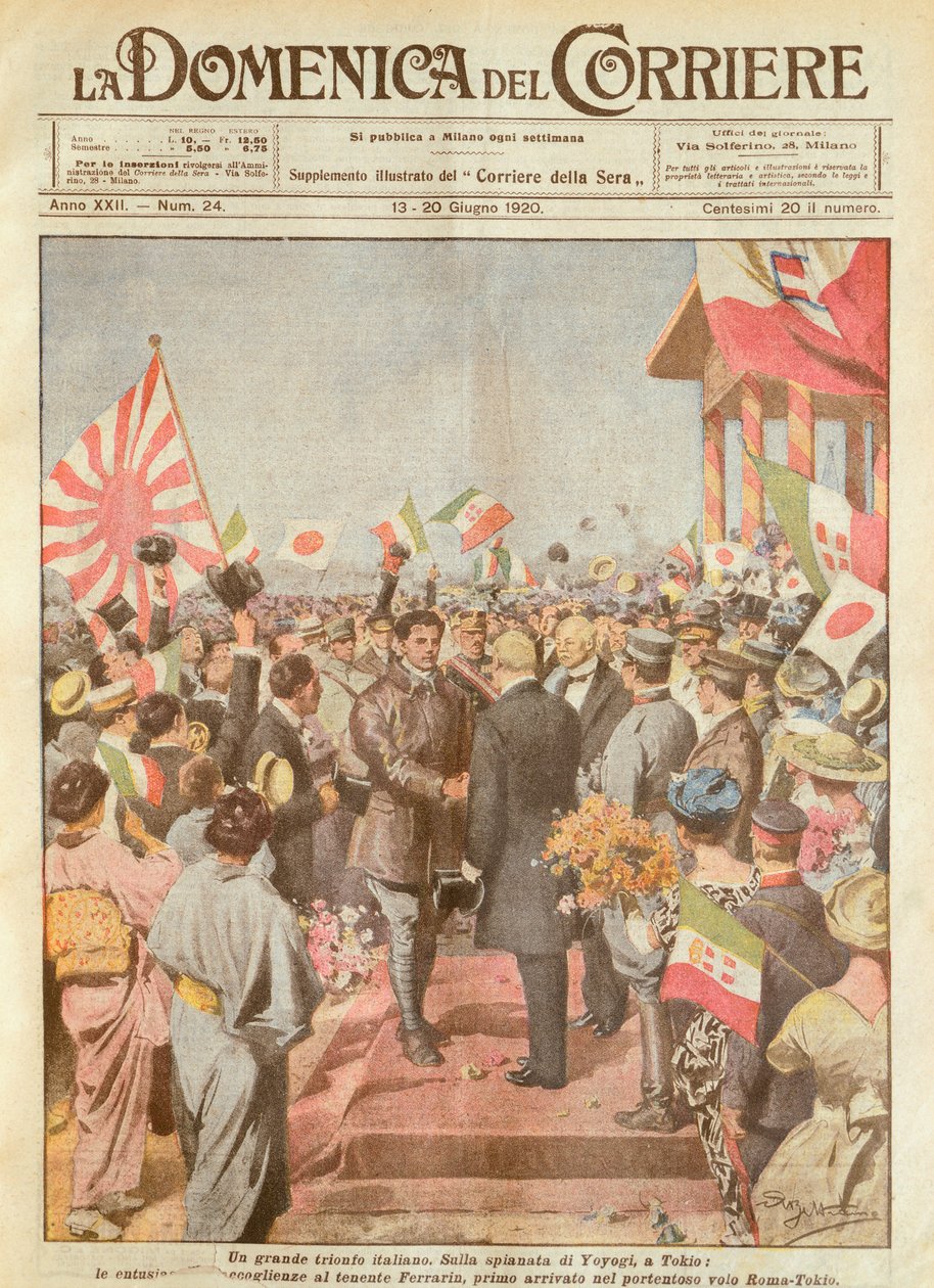 Arturo Ferrarin, pitkän matkan lentolehtinen, joka toivottaa tervetulleeksi Tokioon ensimmäisenä saapuneena Rooma-Tokio-reitille, Achille Beltrame, kuvitus, kuvittaja Achille Beltrame (1871-1945), La Domenica del Corrieresta tekijältä Achille Beltrame