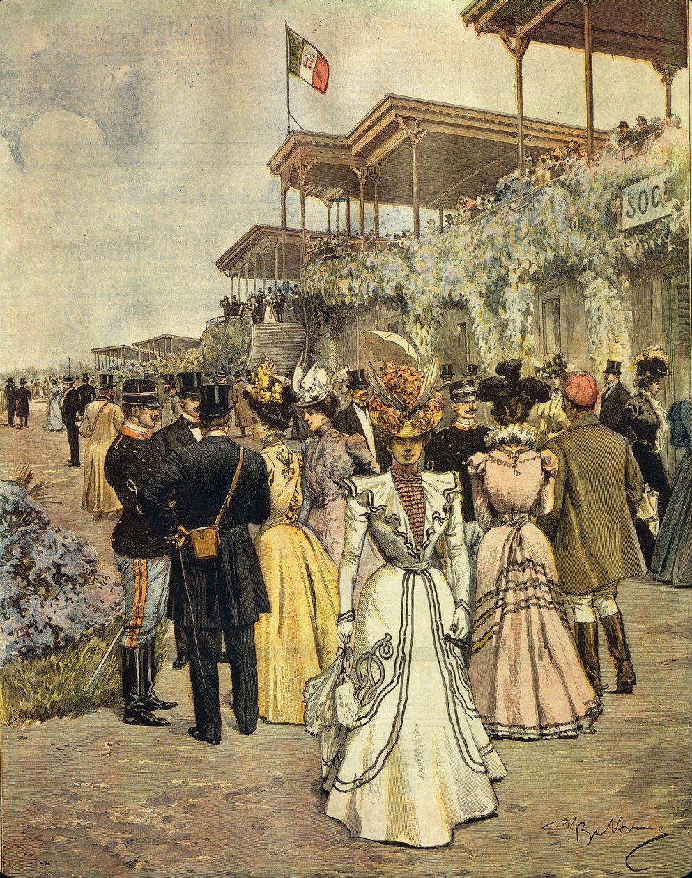 San Siron hevoskilpailuissa (Milano), kirjoittanut Achille Beltrame (1871-1945), La Domenica del Corrieresta, 4. kesäkuuta 1899 tekijältä Achille Beltrame