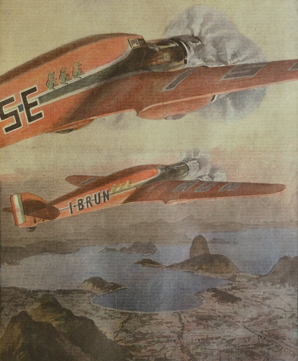 Attilio Biseon ja Bruno Mussolinin Italia-Brasilia transatlanttinen lento, kirjoittanut Achille Beltrame, kuvitus, kuvittaja Achille Beltrame (1871-1945), La Domenica del Corrieresta, 6. helmikuuta 1938 tekijältä Achille Beltrame