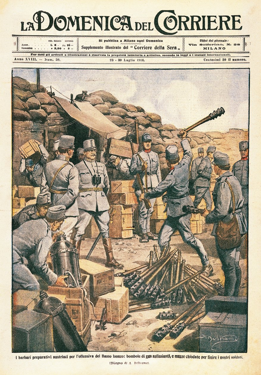 Itävallan barbaarit valmistautuvat hyökkäykseen ala-Isonzossa, kuva La Domenica del Corrieresta, 23. heinäkuuta tekijältä Achille Beltrame