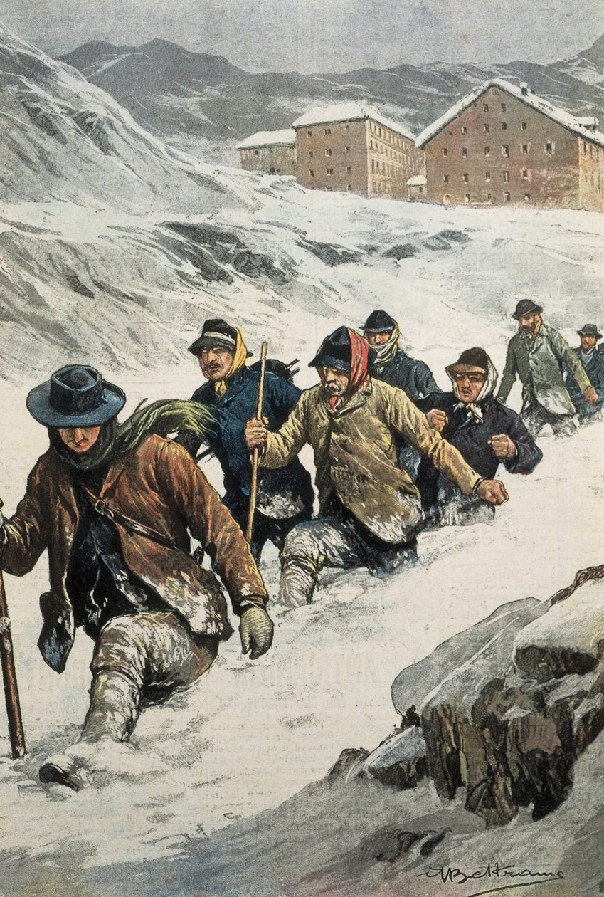 BELTRAME, Akhilleus (1871-1945). Italialaisia työntekijöitä ylittämässä St. Bernardin sola Aostan ja Sveitsin välillä. Kansi "" La Domenica del Corriere"". 14.02.1904. Litografia. tekijältä Achille Beltrame