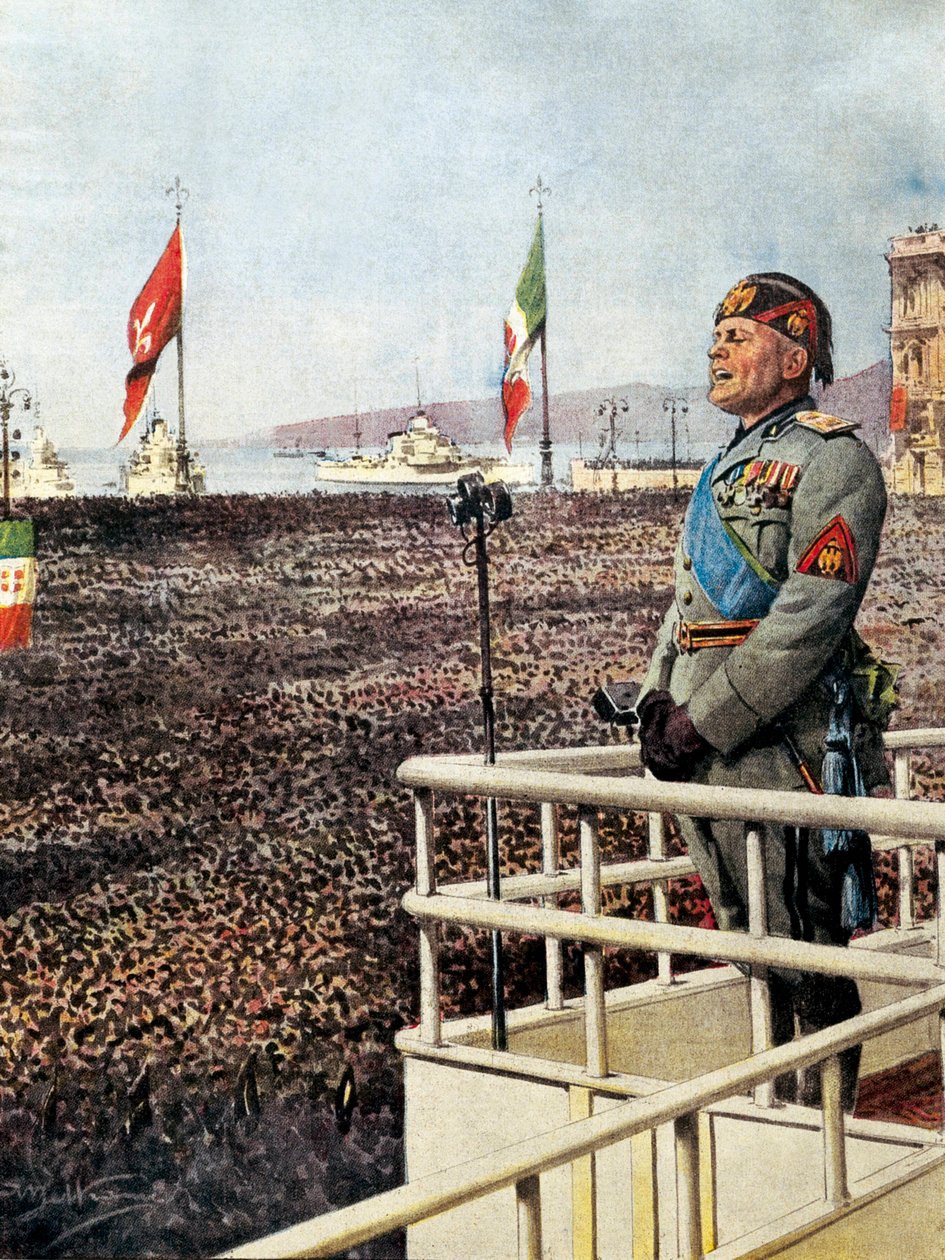 BELTRAME, Akhilleus (1871-1945). MUSSOLINI, Benito (1883-1945). Italialainen fasistinen poliitikko, Italian herttua (johtaja) (1925-1943). Duce puhuu Triesten ja koko maailman asukkaille (syyskuu 1938). Kuva Achille Beltramesta "" Domenica del Corr tekijältä Achille Beltrame