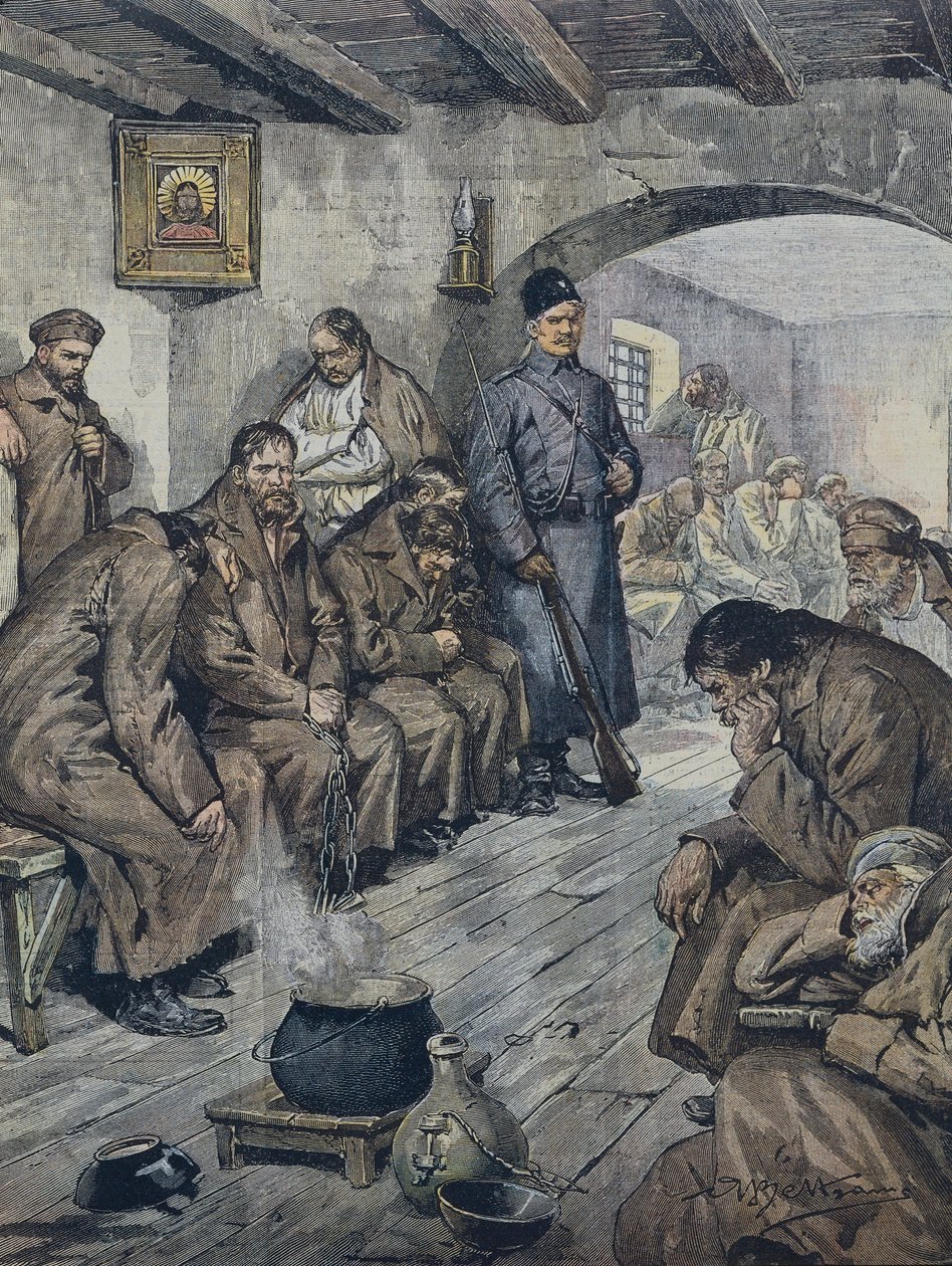 BELTRAME, Akhilleus (1871-1945). Venäläiset vangit nälkälakossa tuberkuloositovereidensa vapauden puolesta. Kuvitus: A. Beltrame, La Domenica of Corriere, 19. kesäkuuta tekijältä Achille Beltrame