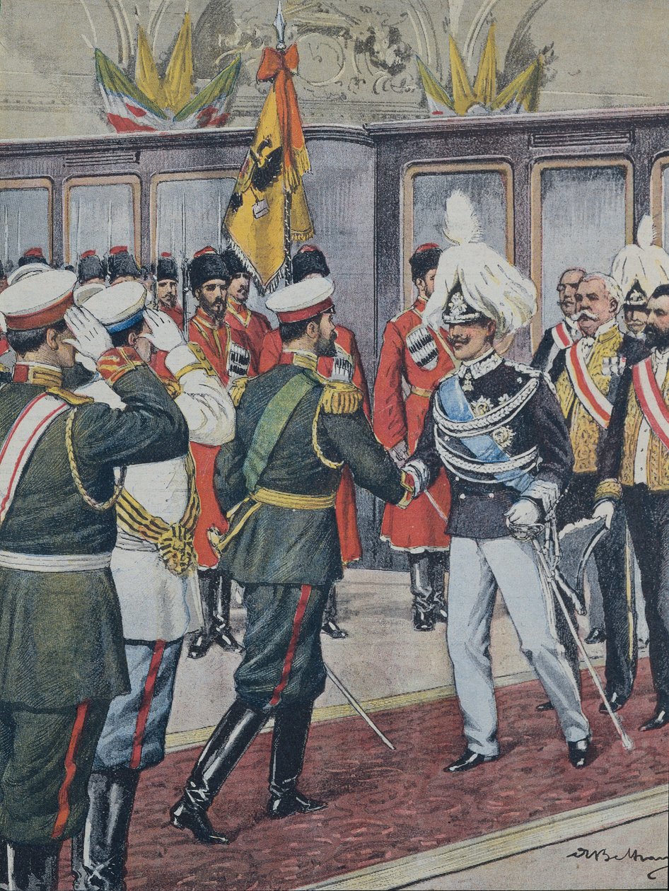 BELTRAME, Akhilleus (1871-1945). Viktor Emmanuel III (1869-1947). Italian kuningas (1900-1946); Nikolai II. Venäjän tsaari (1894-1917). VENÄJÄ. Tsaari ottaa vastaan ​​Italian kuninkaan Victoria Emmanuel III:n Pietarissa. A. Beltrame-kuva. Domenica of the C tekijältä Achille Beltrame
