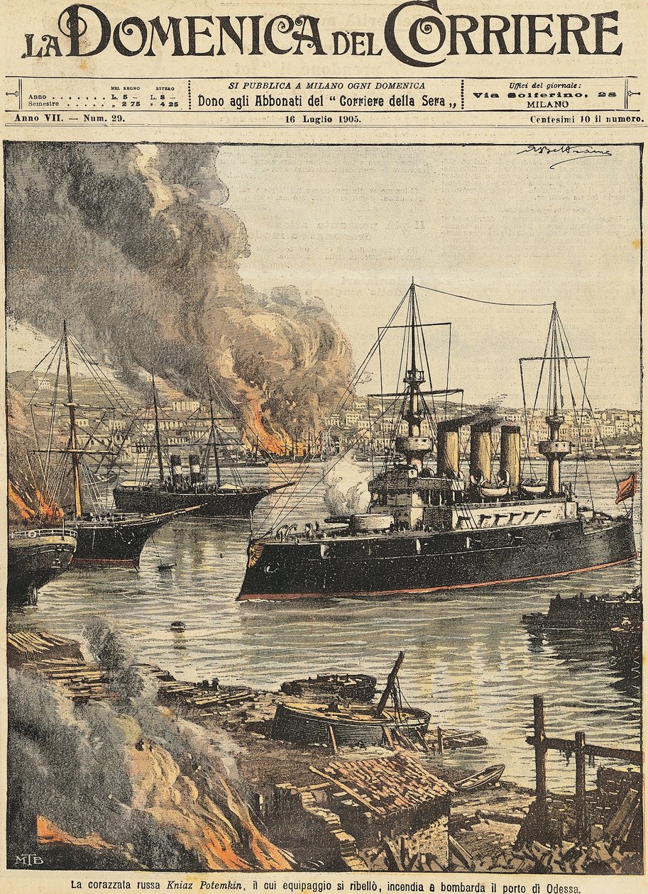 Taistelulaiva Potemkin pommittaa Odessaa, kirjoittanut Achille Beltrame, kuvitus, kuvittaja Achille Beltrame (1871-1945), La Domenica del Corrieresta tekijältä Achille Beltrame