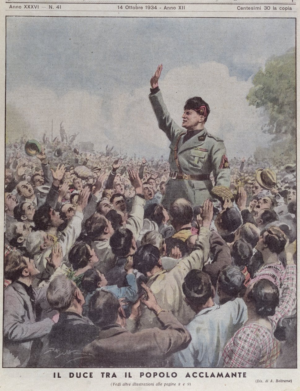 Kansan ylistämä Benito Mussolini (1883-1945) "La Domenica del Corrieresta", 14. lokakuuta 1934 tekijältä Achille Beltrame
