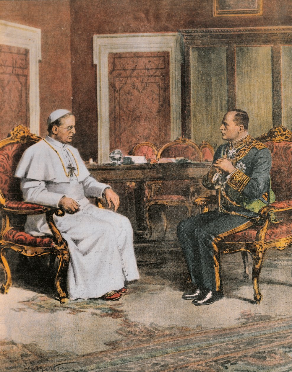Benito Mussolini tapaamassa paavi Pius XI:n 11. helmikuuta tekijältä Achille Beltrame