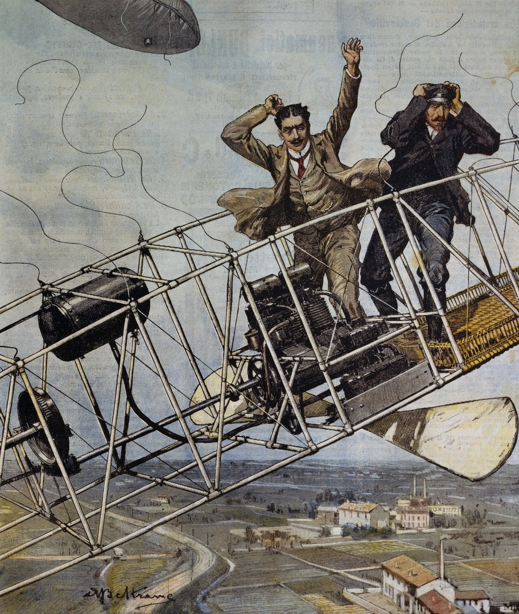 De Bradskin ilmalaivan katastrofi lähellä Pariisia, Ranska, Achille Beltramen kuvitus La Domenica del Corrierelle, 26. lokakuuta tekijältä Achille Beltrame