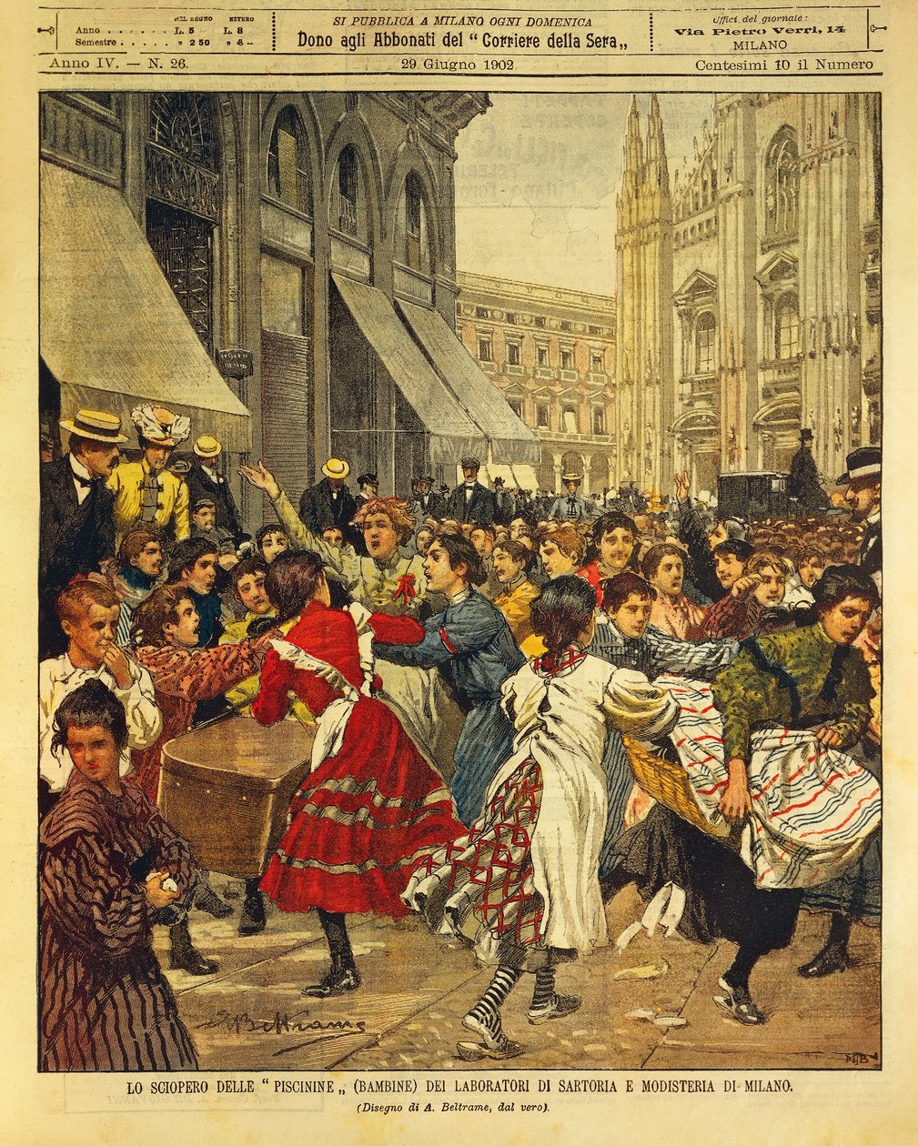 Piscinine-nimellä tunnettu lasten lakko Milanon puvustamoissa ja ompelimoissa, Achille Beltrame, kuvitus, Kuvittaja Achille Beltrame (1871-1945), La Domenica del Corriere, 29. kesäkuuta 1902. tekijältä Achille Beltrame
