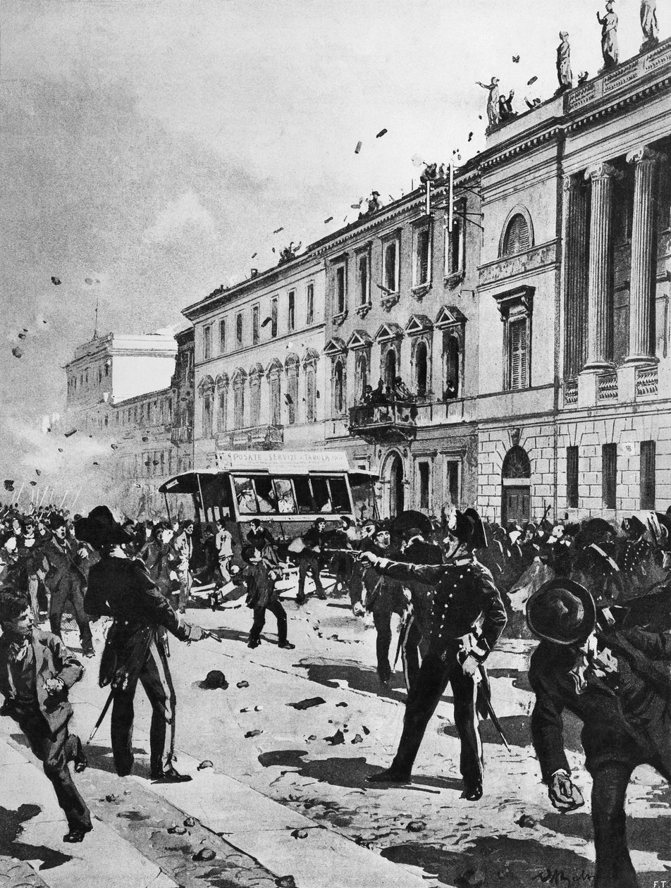 Mielenosoittajien ja poliisin välinen yhteenotto Milanossa, Corso Veneziassa, Palazzo Saporitin edessä, 7. toukokuuta tekijältä Achille Beltrame
