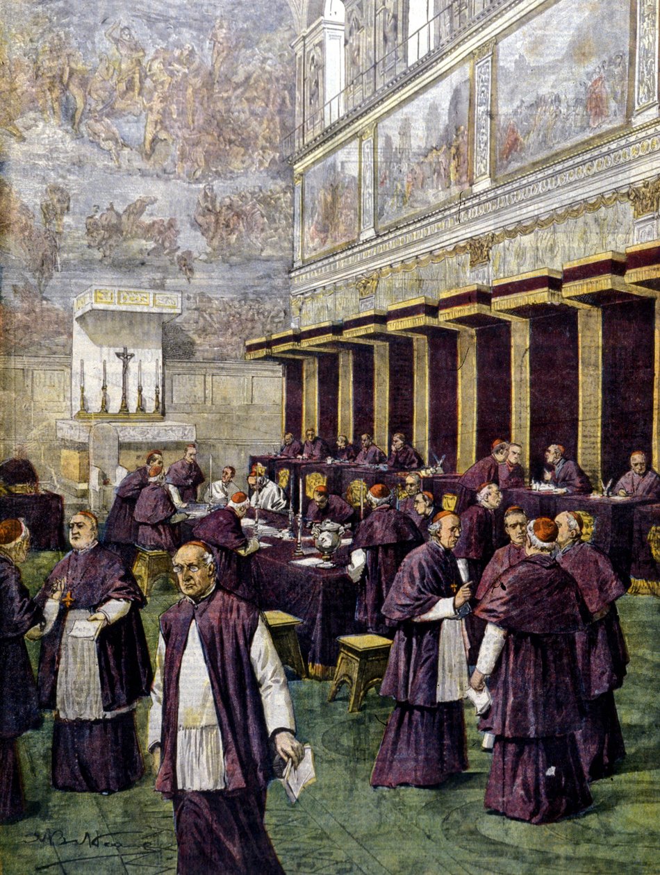 Konklaavi Sikstuksen kappelissa uuden paavin valintaa varten. Beltramen kuvitus. Domenica del corriere. 1903. tekijältä Achille Beltrame