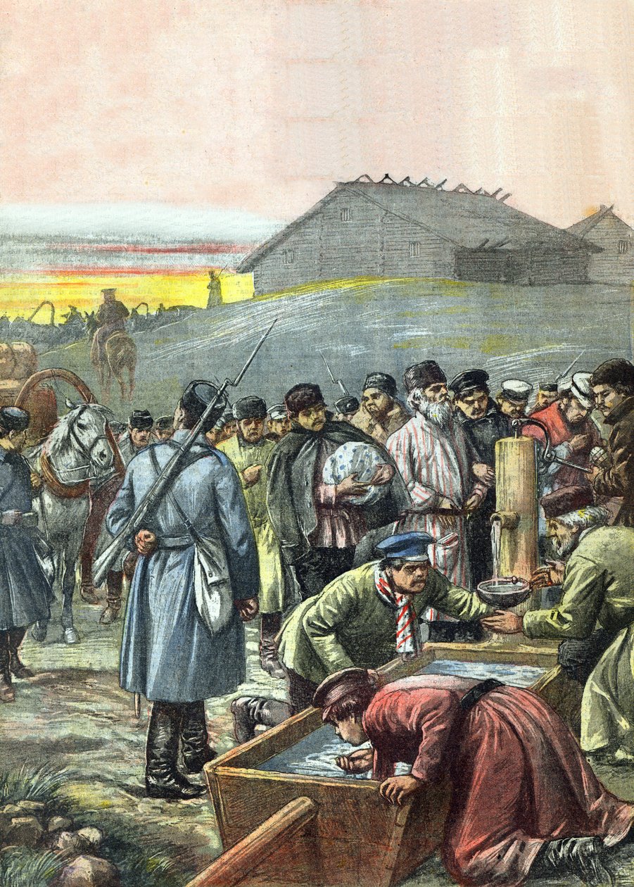 Karkotettujen venäläisten poliittisten vankien saattue matkalla maanpakoon Siperiaan, kuva La Tribuna Illustrata -lehdestä, 4. elokuuta 1907 tekijältä Achille Beltrame