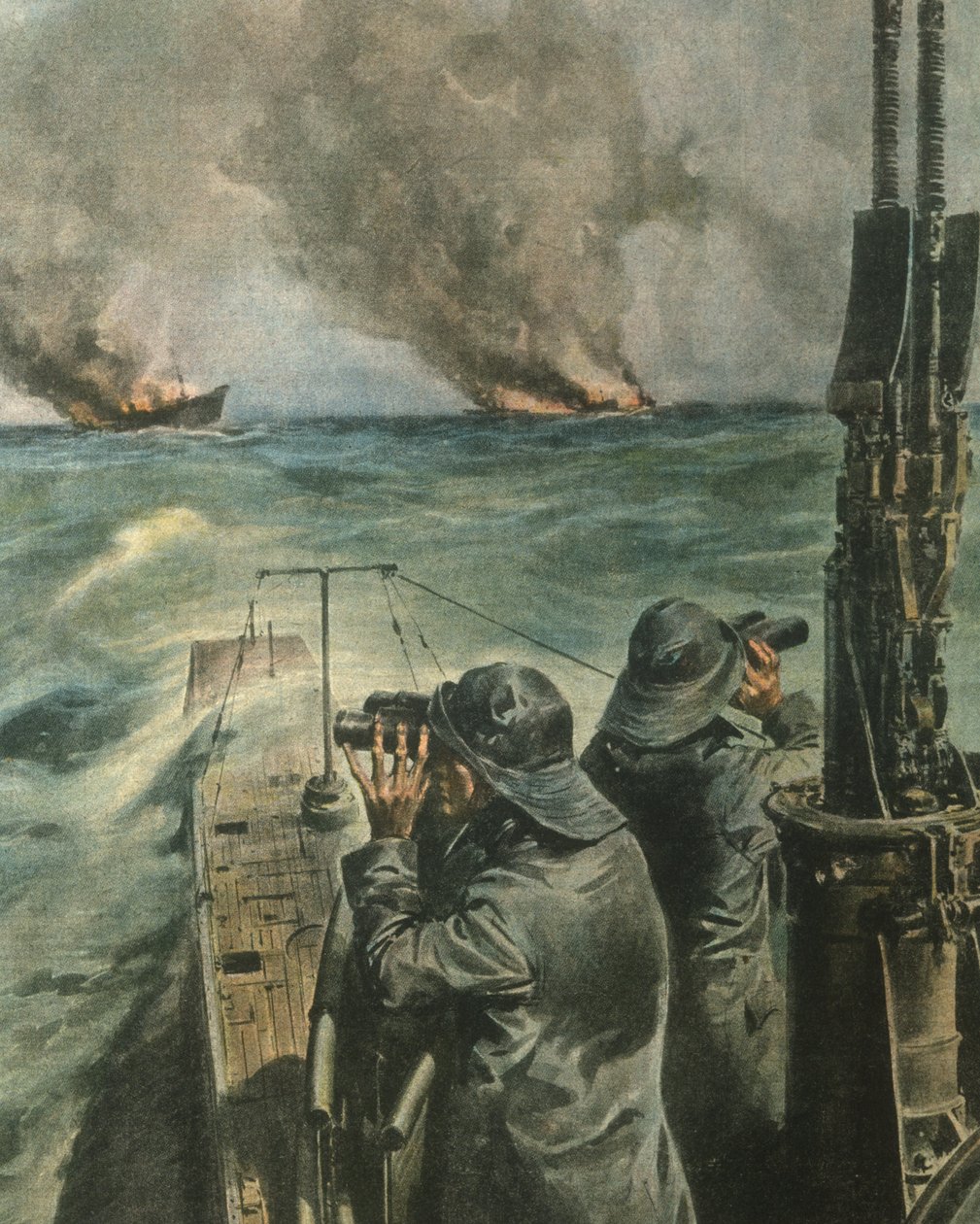 Kansikuva angloamerikkalaisten höyrylaivojen torpedoinnista Länsi-Afrikan rannikolla toisen maailmansodan aikana tekijältä Achille Beltrame