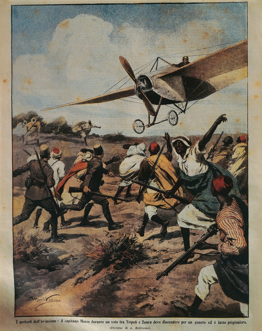 Achille Beltramen (1871-1945) kansikuva kapteeni Moizosta, joka yrittää laskua Afrikan kampanjan aikana, La Domenica del Corrieresta, 22. syyskuuta 1912 tekijältä Achille Beltrame