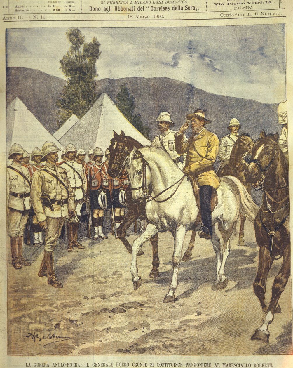 Kannen kuva kenraali Cronjesta antautumassa marsalkka Robertsille anglo- zulu- ja buurisotien aikana vuosina 1850-1902. tekijältä Achille Beltrame