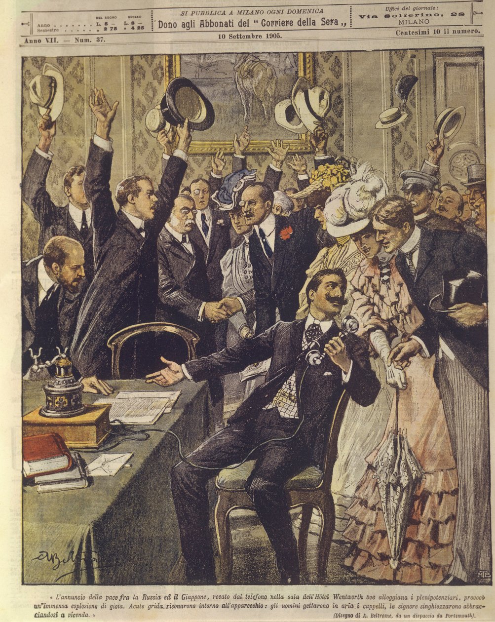 Kansikuva ihmisistä, jotka juhlivat Venäjän ja Japanin välisen rauhansopimuksen julistamista Venäjän ja Japanin sodan aikana 1904-1905 tekijältä Achille Beltrame