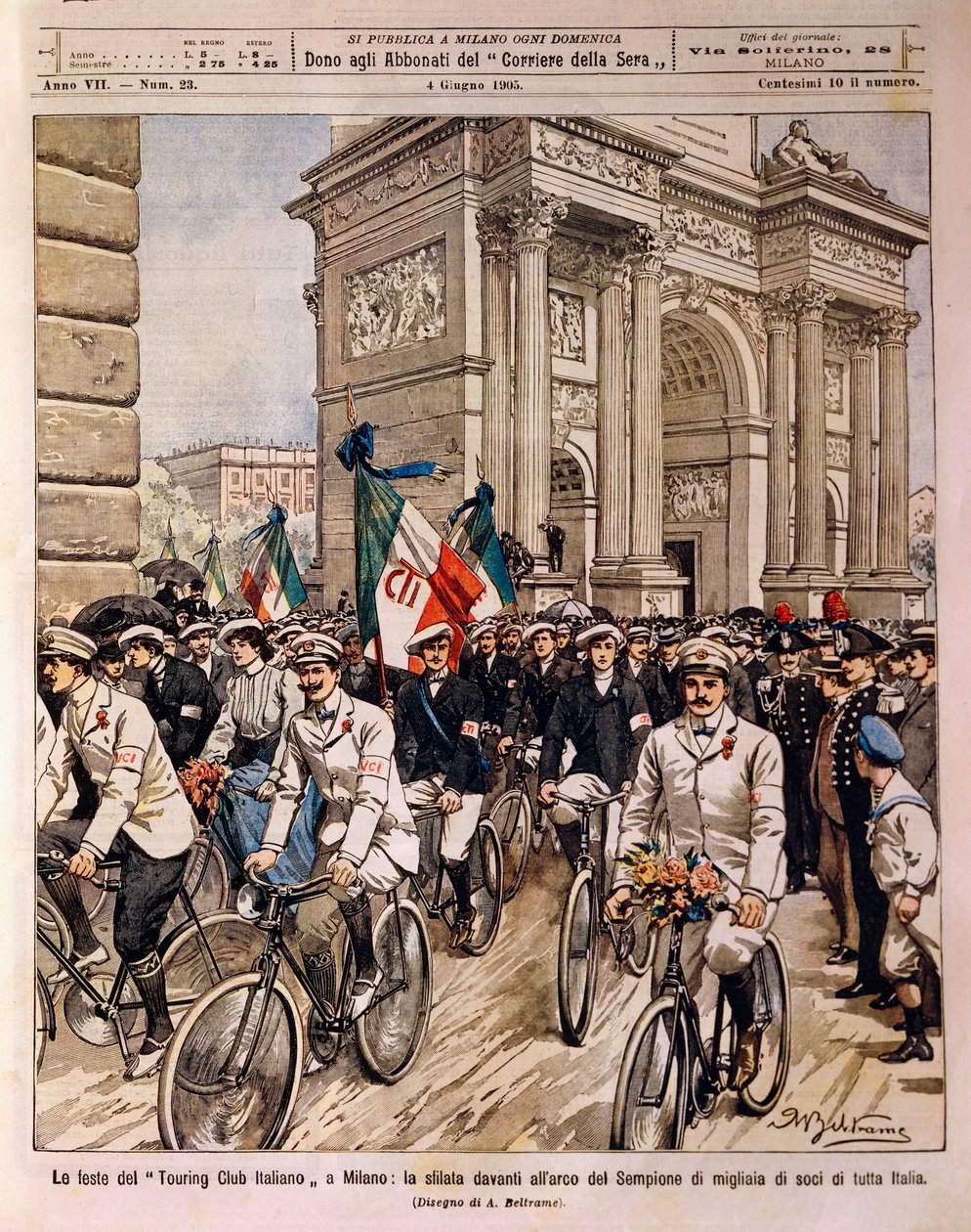 Pyöräilijät kulkueessa Arch of Peace -tapahtumassa, Italian Touring Club -juhla Milanossa, Italiassa, kuvitus Achille Beltrame La Domenica del Corrieresta, 4. kesäkuuta tekijältä Achille Beltrame