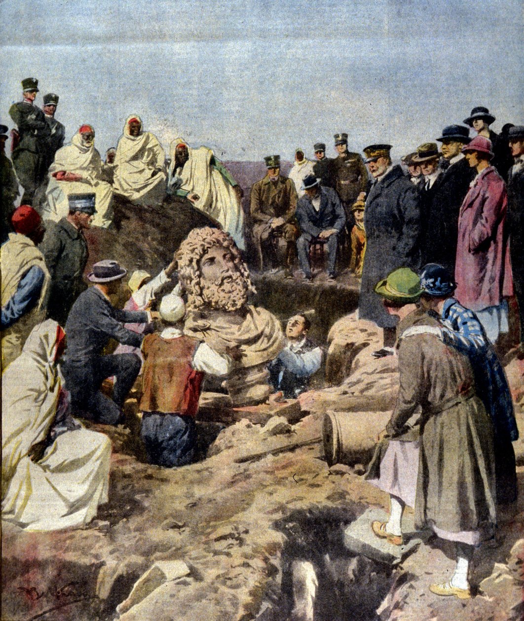 Jupiterin rintakuvan löytö Sabrathasta Libyassa vuonna 1925. kuvitus: Achille Beltrame tekijältä Achille Beltrame