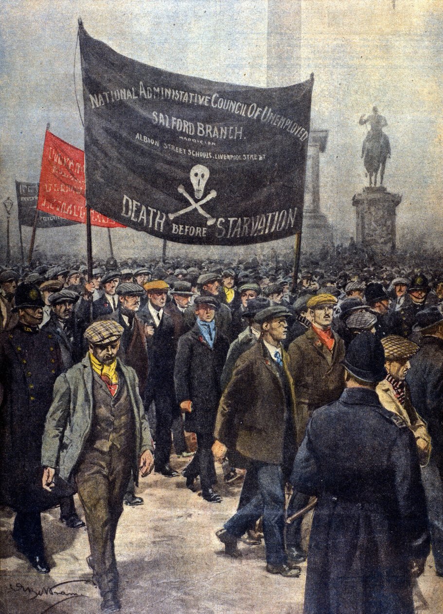 Alaikäisten lakkoilijoiden mielenosoitus. Lontoo 1922. Kuvitus: Achille Beltrame. "La Domenica del Corriere". tekijältä Achille Beltrame