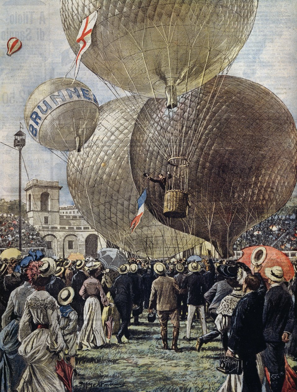 Kuumailmapallon lähtö Milanon lentonäytöksessä, kuvitus Achille Beltrame La Domenica del Corrieresta, 19. kesäkuuta tekijältä Achille Beltrame