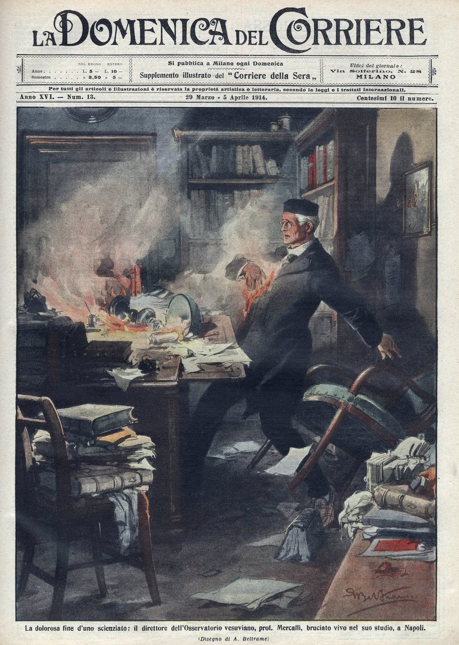 Giuseppe Mercalli (1850 -1914), italialainen seismologi ja vulkanologi, kuoli laboratoriossaan Napolissa. Achille Beltramen kuvitus sanalle "" La domenica del corriere""". 1914. tekijältä Achille Beltrame