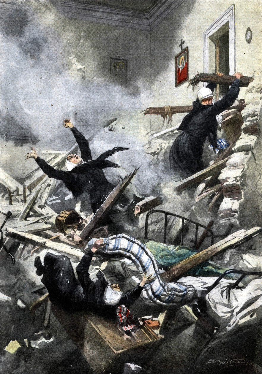 Katastrofi rakennuksessa Genovassa: hyvät sisarukset katosivat kahden asunnon romahtaessa. Ill. de Beltrame. “La Domenica del Corriere”. 04/1914. tekijältä Achille Beltrame
