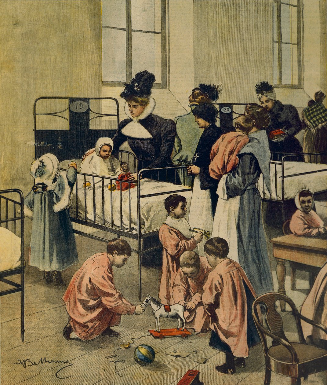 Joululahjojen jakaminen sairaalassa oleville köyhille lapsille, Achille Beltrame, kuvitus, kuvittaja Achille Beltrame (1871-1945), La Domenica del Corriere, 23. marraskuuta 1900 tekijältä Achille Beltrame