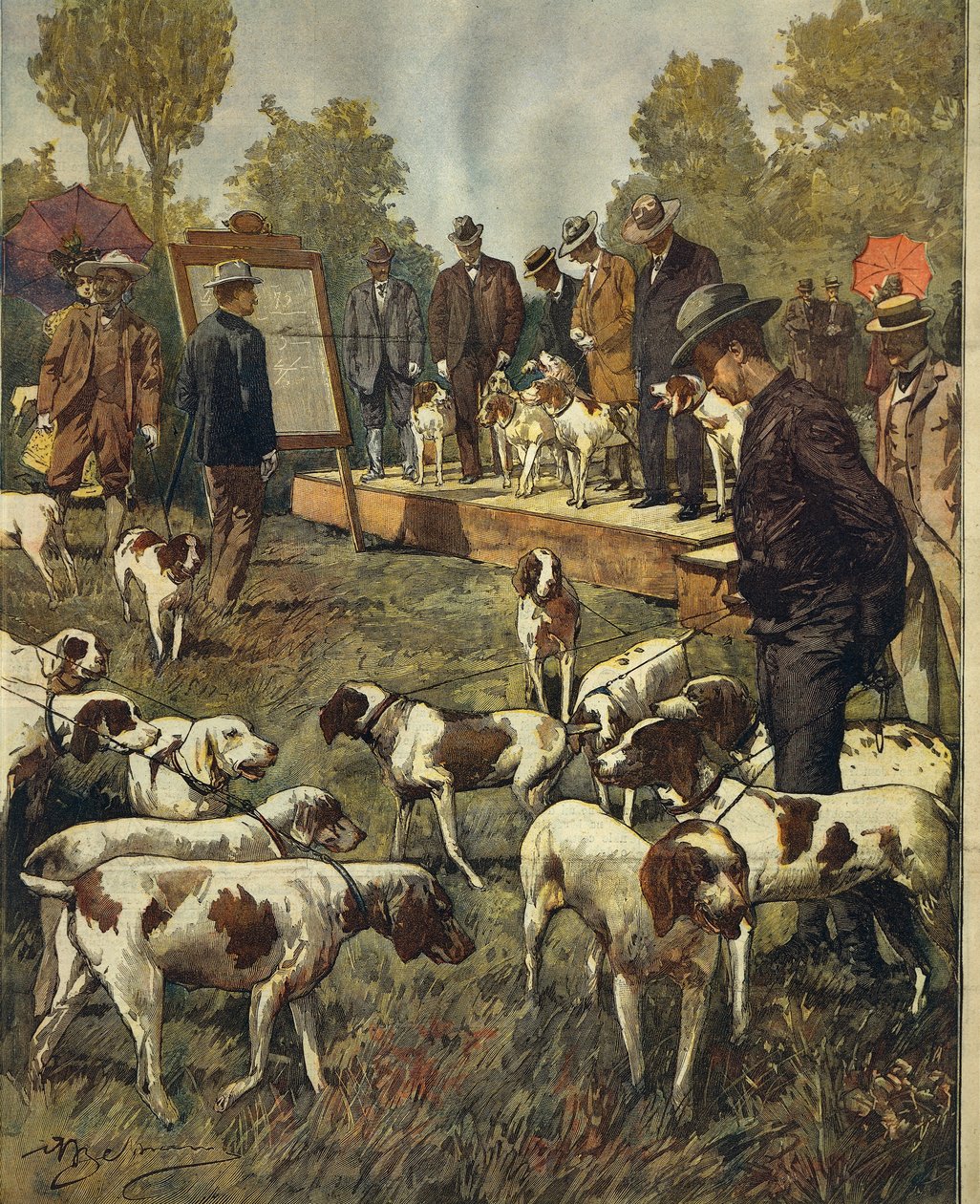 Koiranäyttely ja metsästyskoirien kenttäkokeet San Sirossa (Milano), kirjoittanut Achille Beltrame (1871-1945), La Domenica del Corrieresta, 2. heinäkuuta 1899 tekijältä Achille Beltrame