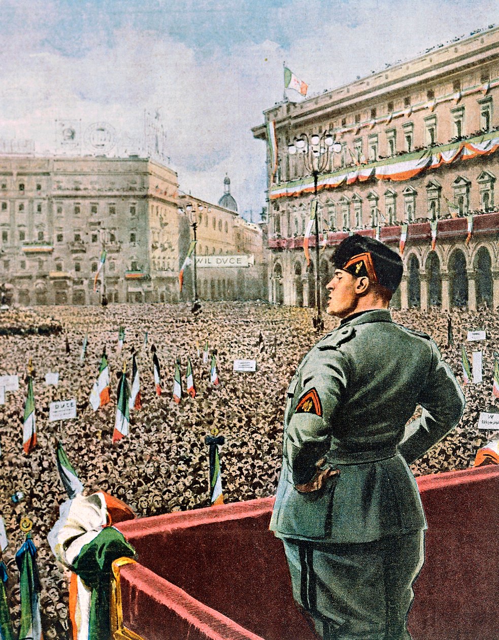 Ducen puhe Piazza Duomolla Milanossa, kirjoittanut Achille Beltrame (1871-1945) La Domenica del Corrieren numerosta toukokuussa 1930 tekijältä Achille Beltrame