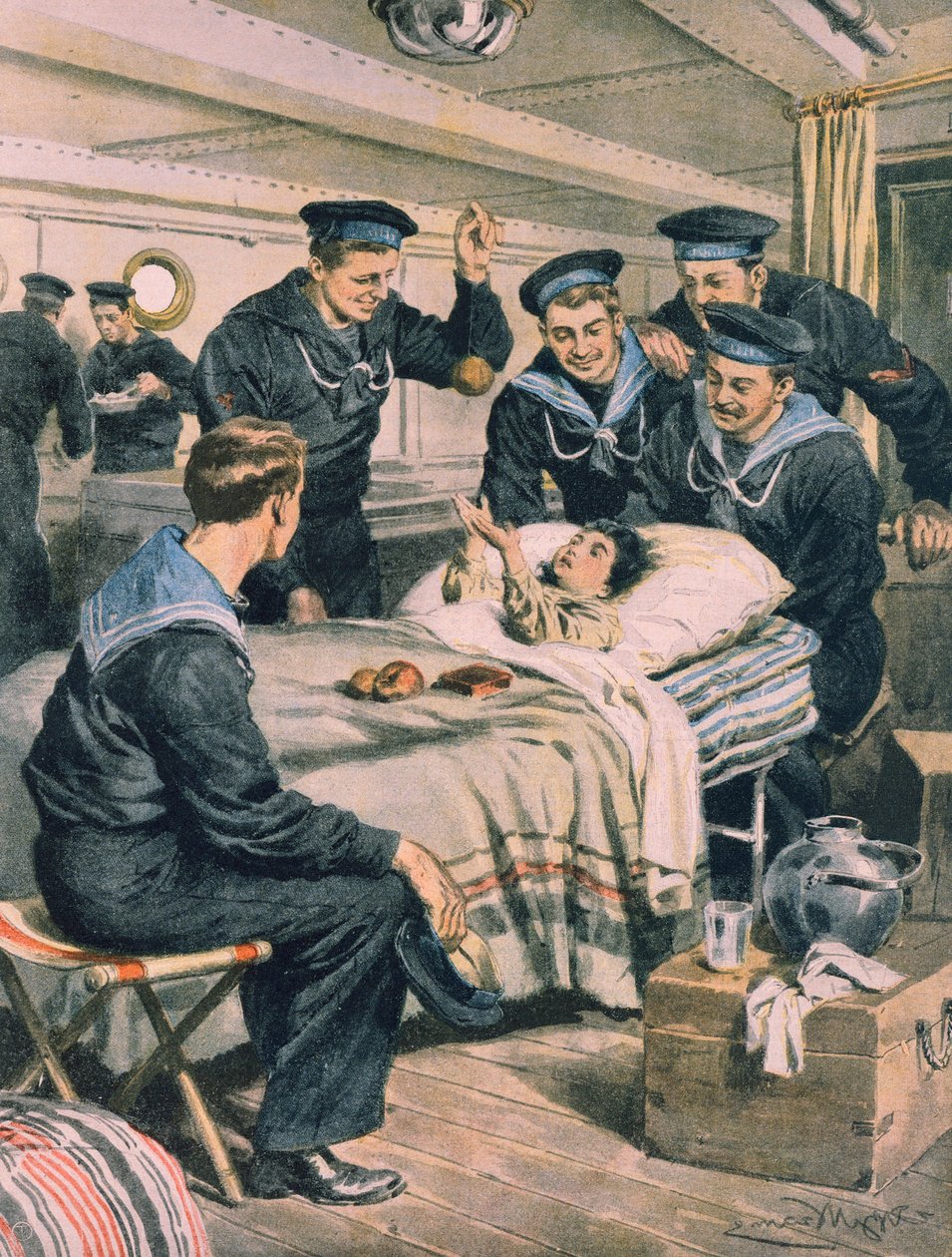 Maanjäristys Messinassa, laivasto pelasti lapsen raunioilta ja kuljetettiin laivalla, Achille Beltrame, kuvitus, kuvittaja Achille Beltrame (1871-1945), La Domenica del Corrieresta, 28. joulukuuta 1908 tekijältä Achille Beltrame