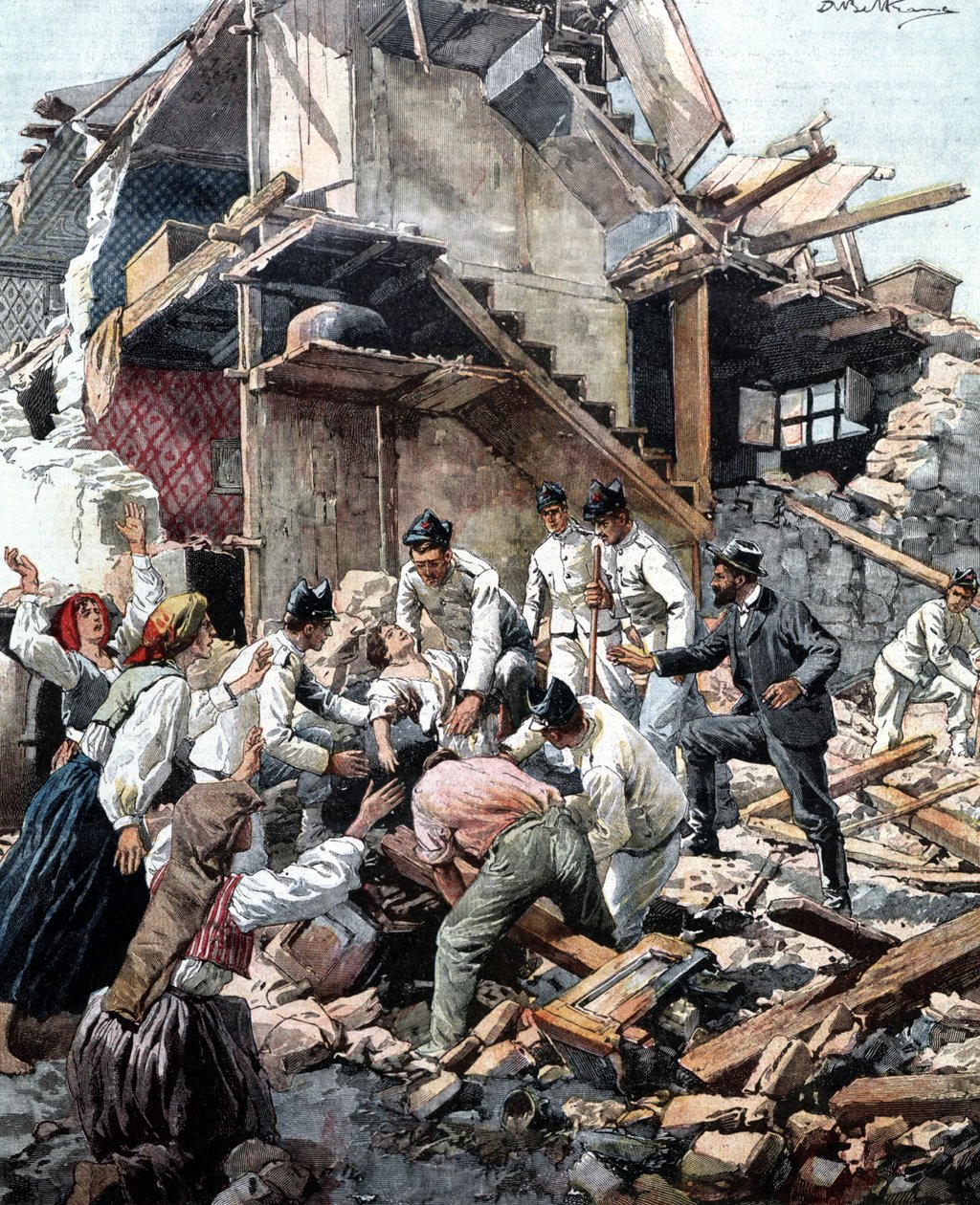 Maanjäristys Reggiossa (Calabria) 28.12.1908. Sotilaat etsivät raunioista maanjäristyksen uhreja. Beltramen kuvitus. tekijältä Achille Beltrame