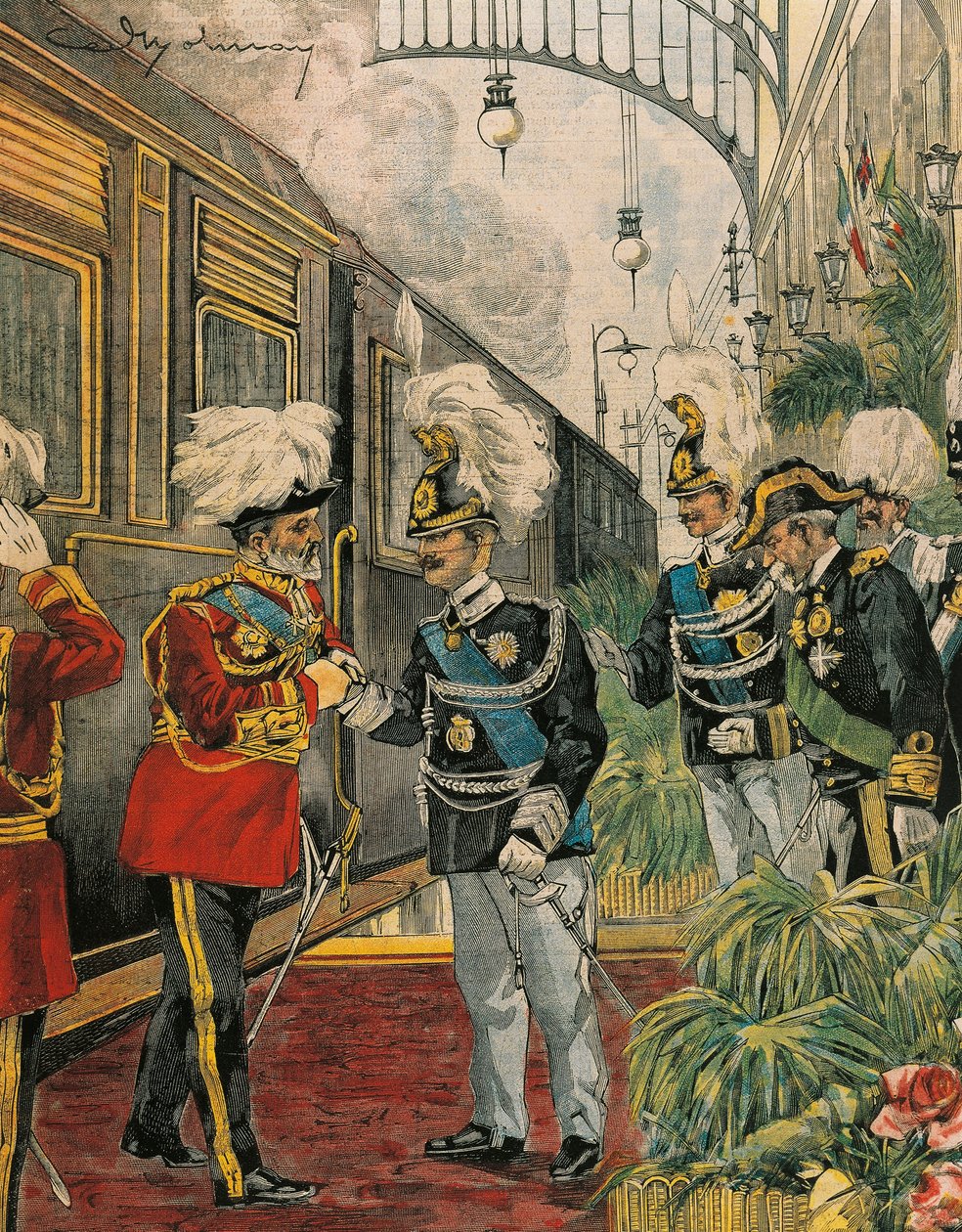 Edward VII, Englannin kuningas, saapuu Roomaan, kirjoittanut Achille Beltrame, kuvitus, kuvittaja Achille Beltrame (1871-1945), La Domenica del Corrieresta tekijältä Achille Beltrame