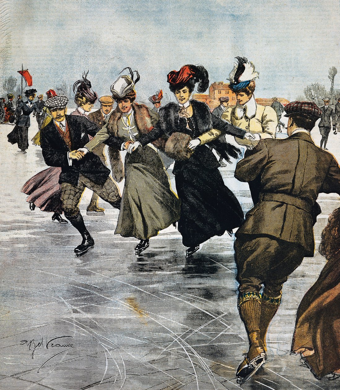 En gue ajanvietettä, luistelu, kuvitus Achille Beltrame (1871-1945), La Domenica del Corriere, 27. tammikuuta tekijältä Achille Beltrame